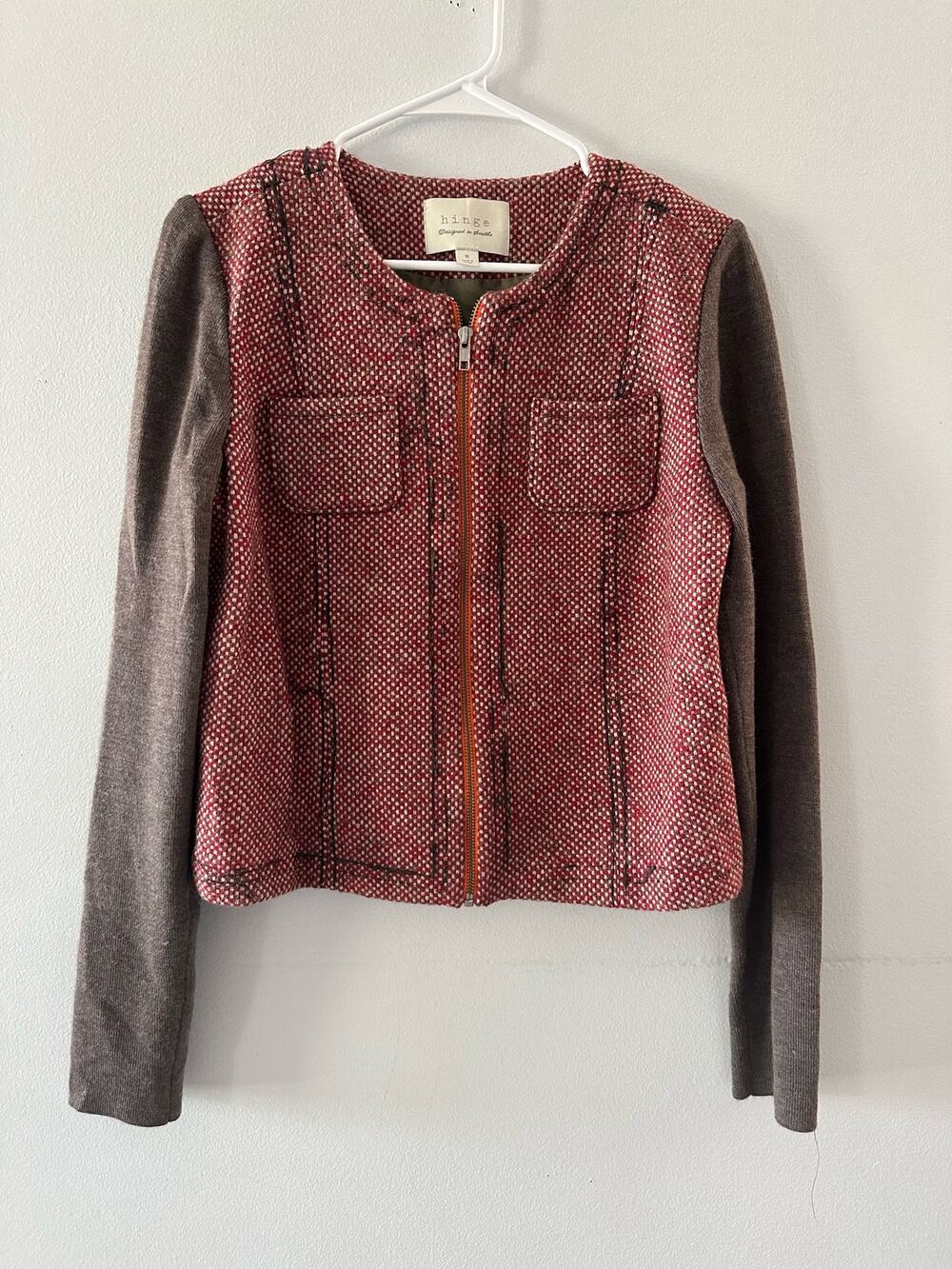 Hinge Jacket Women's Medium Tweed Wool Blend Bohemian Cottagecore Red Gray